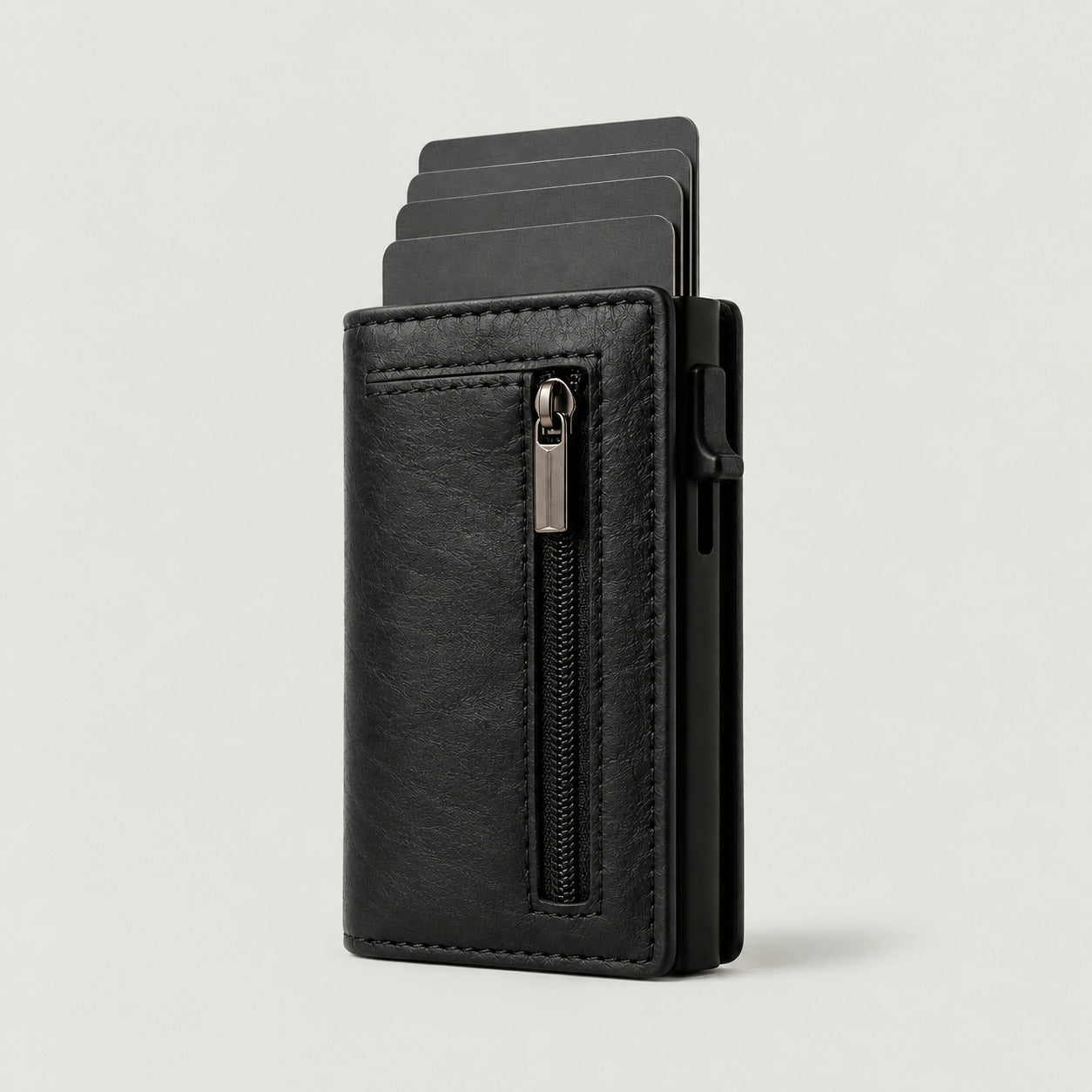 Porte-cartes à éjection AUBELANE en cuir noir, cartes sorties en éventail, poche zippée